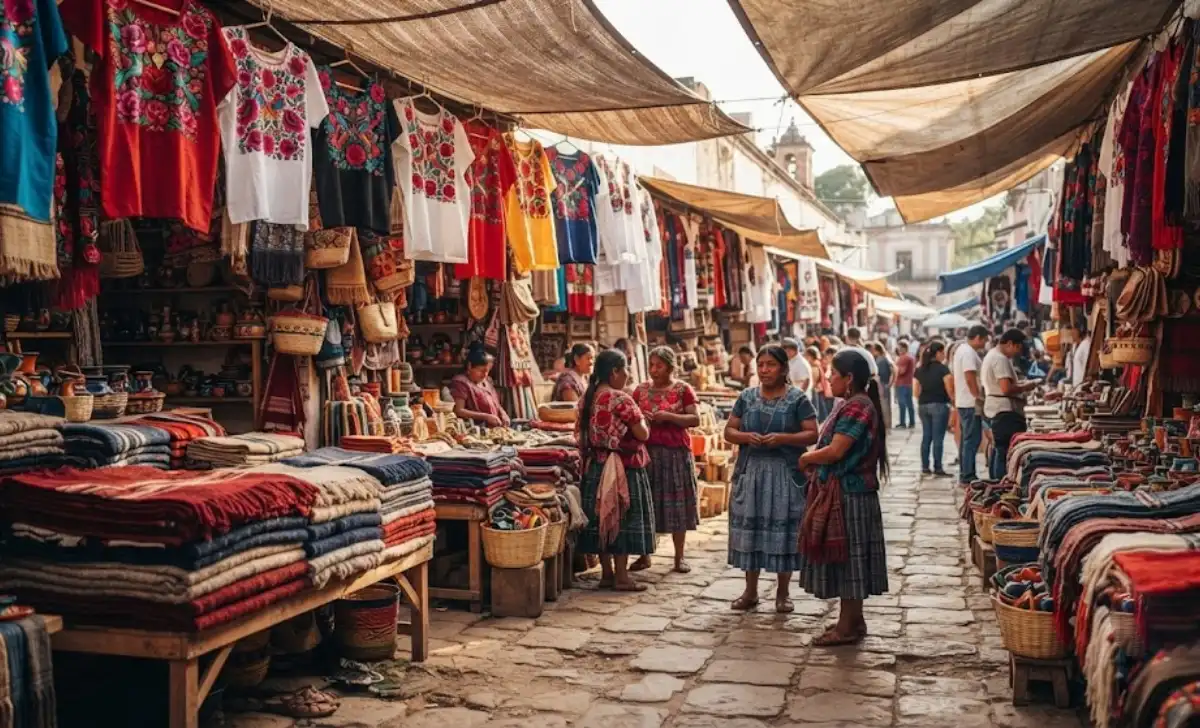 Traditional Mexican clothing and textiles displayed at an artisan market in Oaxaca.
