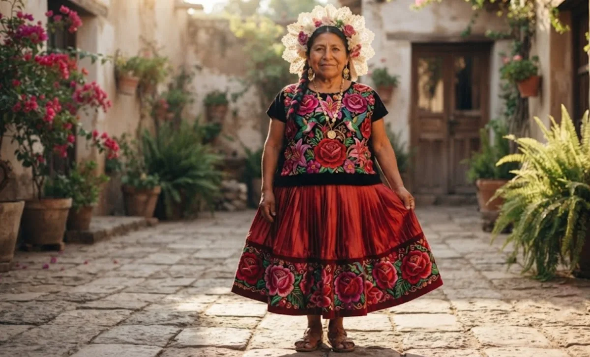 Woman wearing traditional Mexican clothing, an embroidered Tehuana dress with floral patterns.