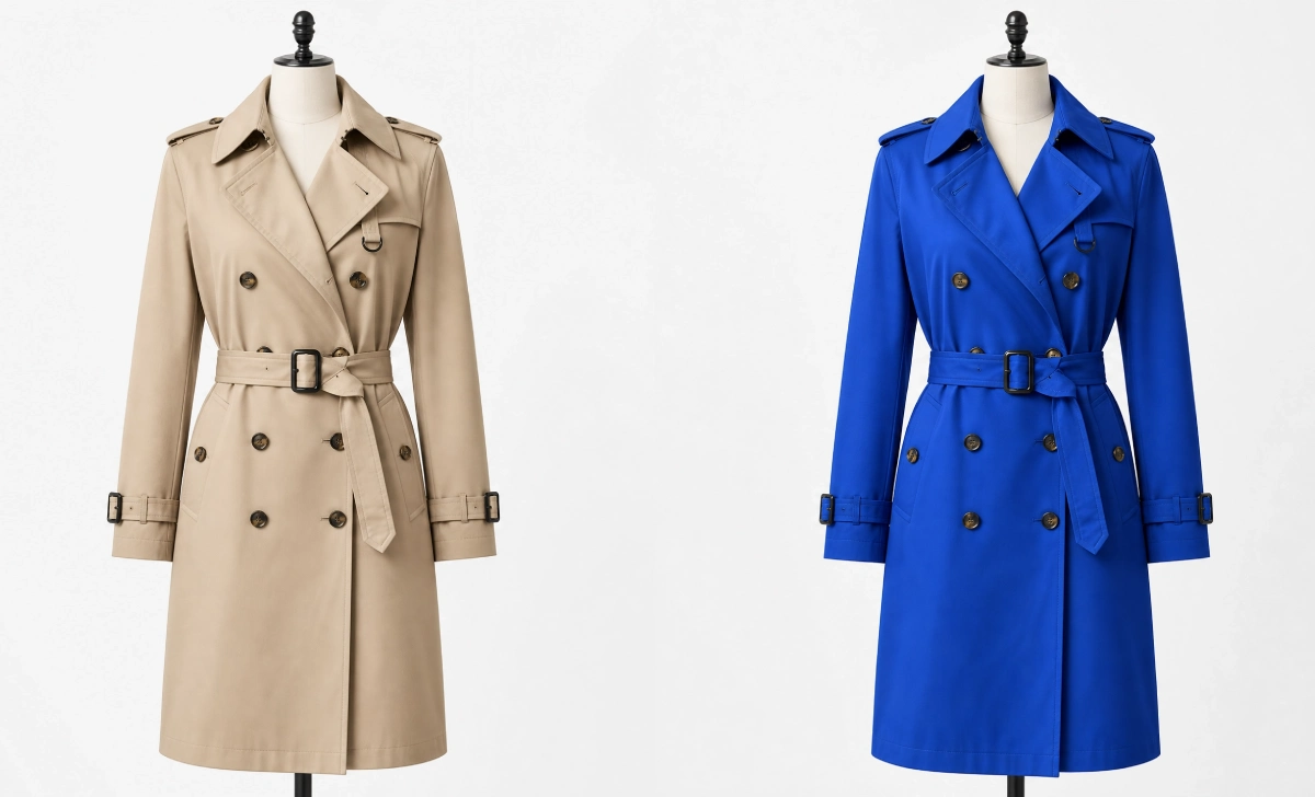 Same trench coat outfit in beige and cobalt blue showing how color changes clothing style