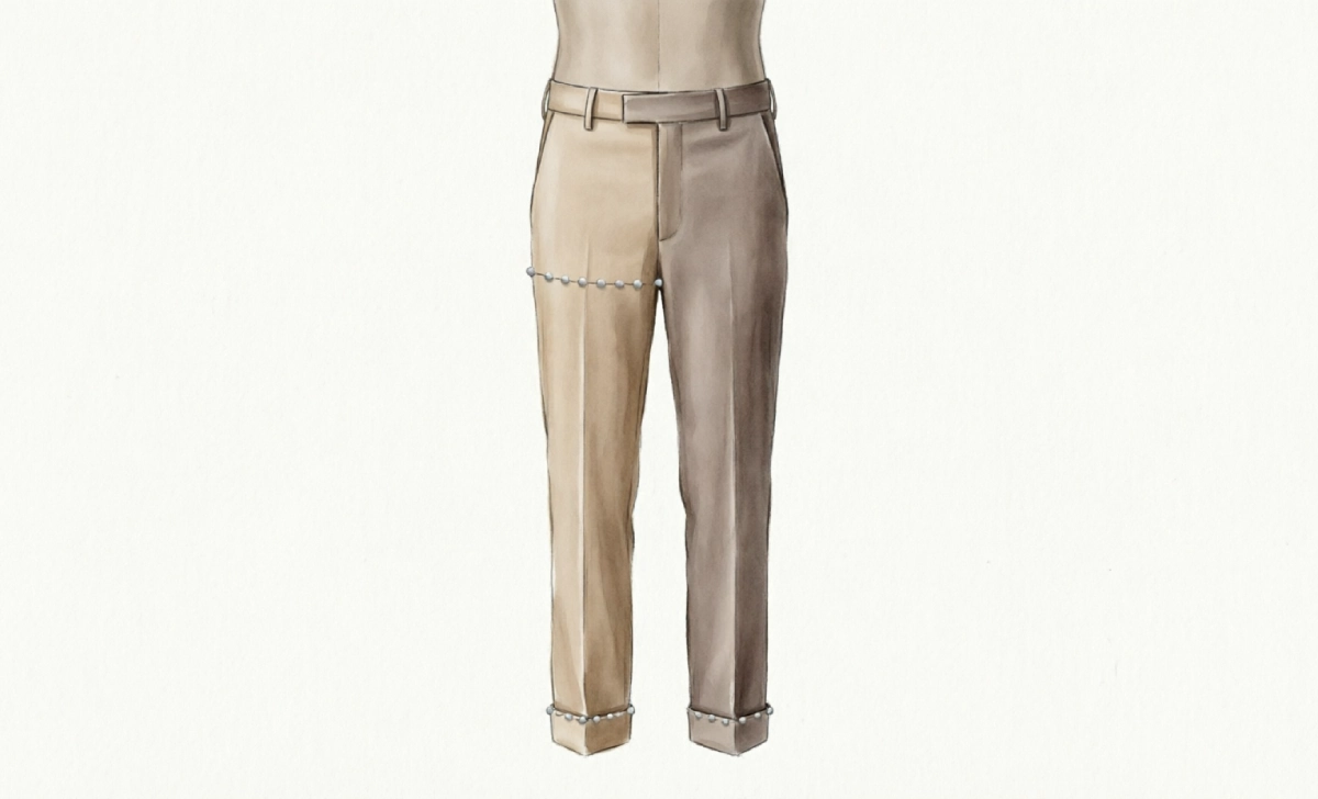Diagram showing correct trouser fit at the waist, thigh, and hem break