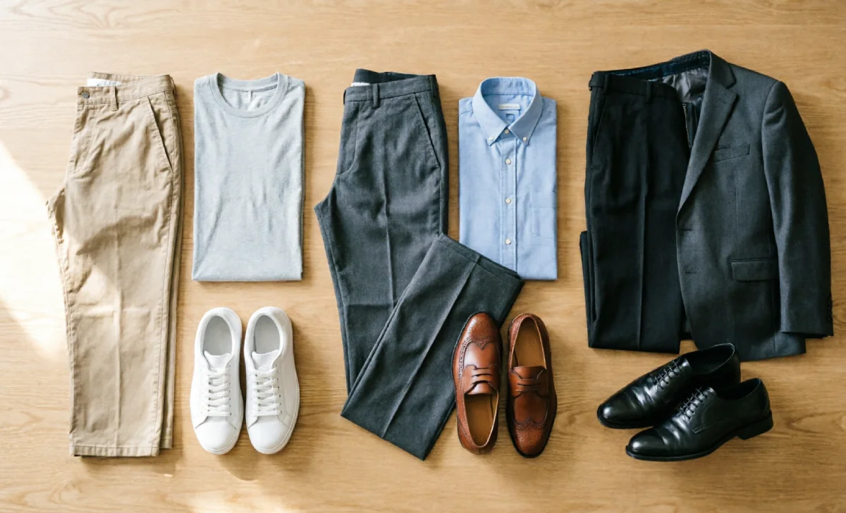 Three trouser outfit styles for casual, business, and formal occasions