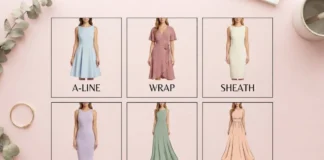 Types of Dresses chart — A-line, wrap, sheath, and maxi dress silhouettes for women
