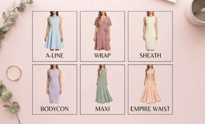 Types of Dresses Guide – Dress Silhouettes for Every Body Shape Types of Dresses chart — A-line, wrap, sheath, and maxi dress silhouettes for women