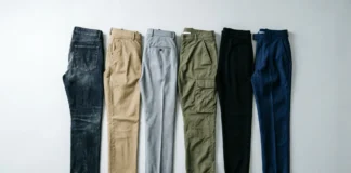 Flat-lay of different types of pants for men including jeans, chinos, and dress trousers