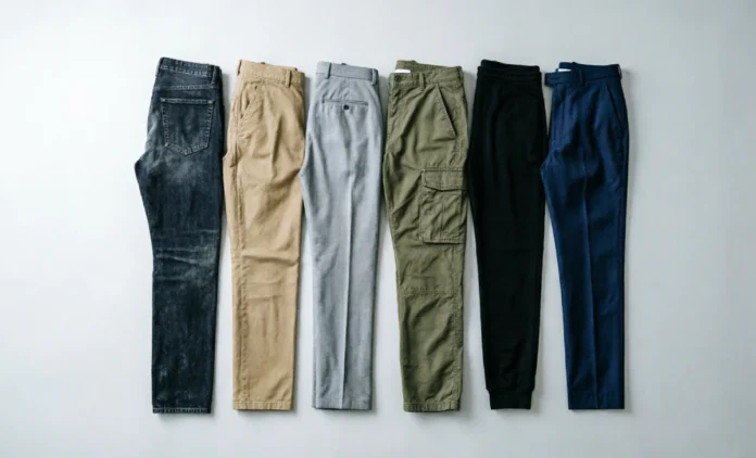 Types of Pants for Men – Style and Fit Guide Flat-lay of different types of pants for men including jeans, chinos, and dress trousers
