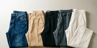Different types of pants including jeans, chinos, trousers, and joggers arranged in a flat-lay style