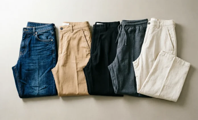 Types of Pants Guide – Jeans, Chinos, Trousers & More Different types of pants including jeans, chinos, trousers, and joggers arranged in a flat-lay style