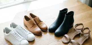 Types of shoes for wardrobe — sneakers, loafers, ankle boots, and sandals arranged together