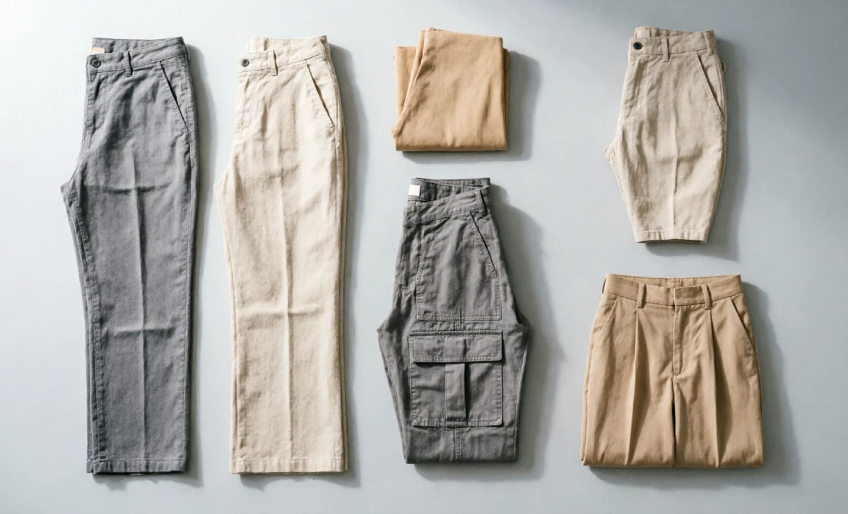 Comparison of trouser types including straight-leg, wide-leg, cropped, cargo, and pleated styles