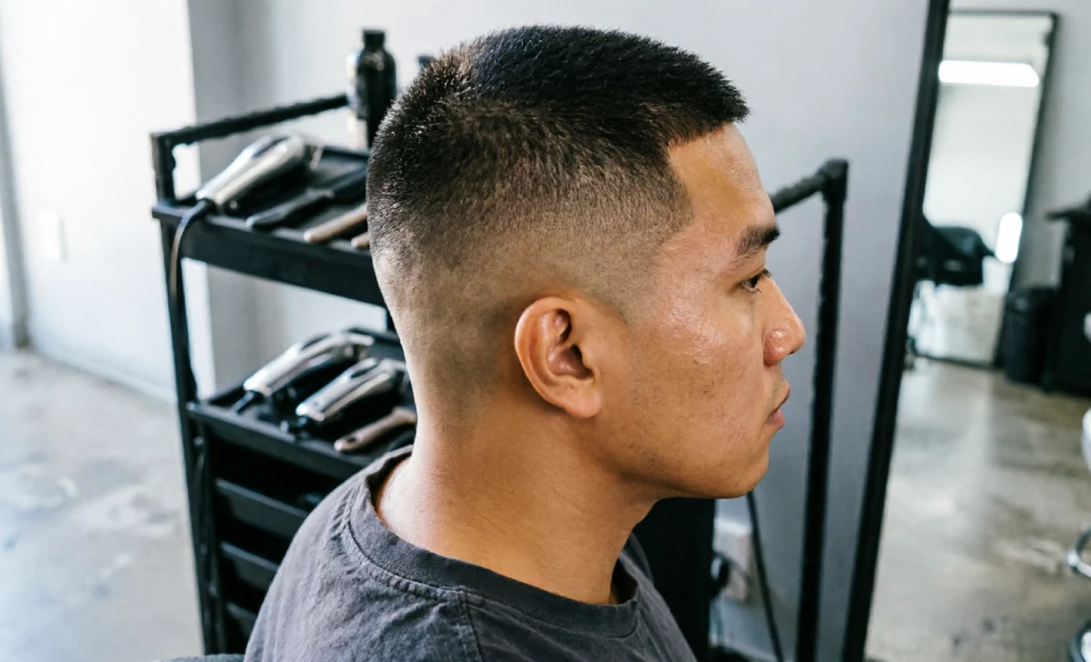 Ultra-short skin fade haircut example for men with oval faces
