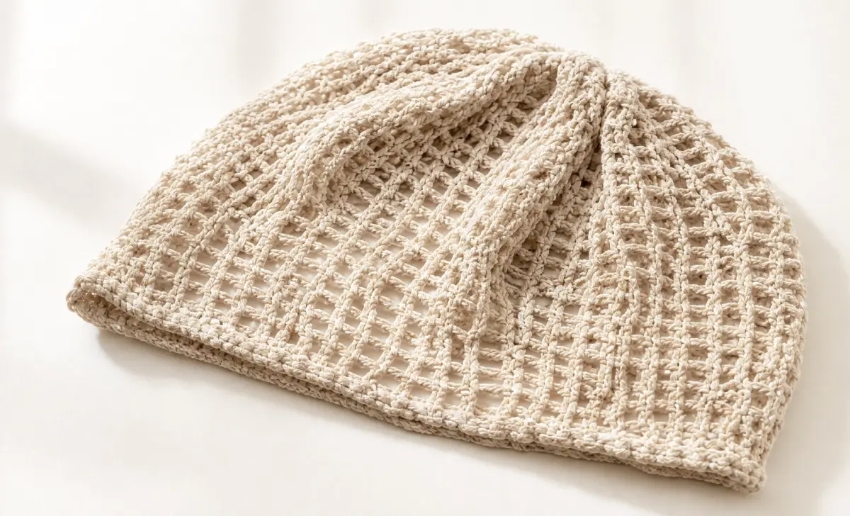 unlined open knit cotton beanie recommended for 70 degree weather