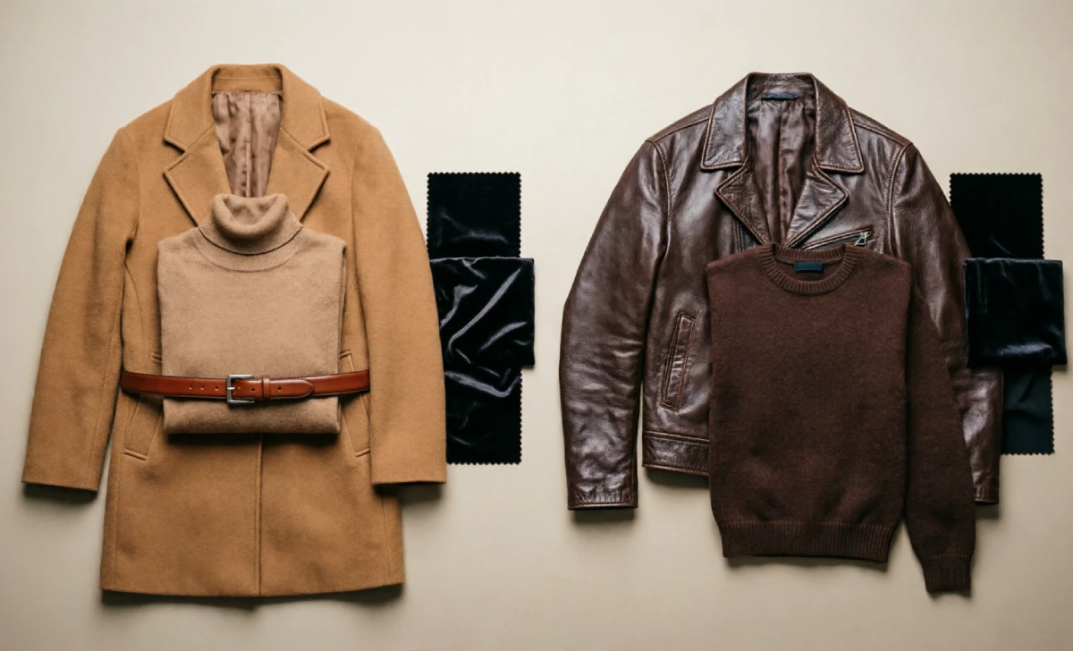 Comparison of warm brown and cool brown fabric shades paired with black for outfit styling
