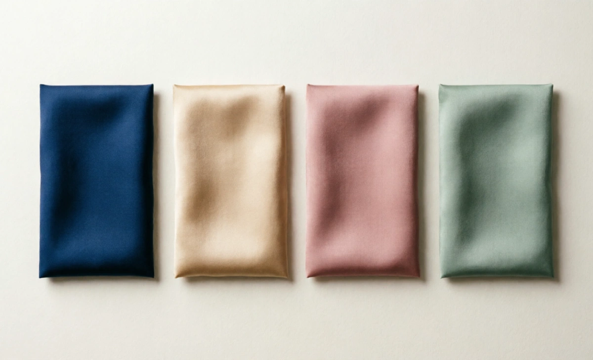 Navy, champagne, dusty rose, and sage fabric swatches for mother of the bride dress colors