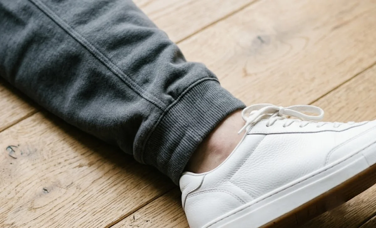 Close-up of jogger pant showing tapered leg and elastic ankle cuff design