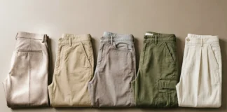 Flat-lay of different trouser types including chinos, wool dress trousers, wide-leg, and cargo styles