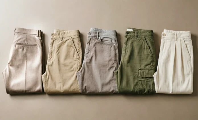 What Are Trousers — Types Comparison Flat-Lay Flat-lay of different trouser types including chinos, wool dress trousers, wide-leg, and cargo styles