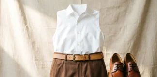 Outfit idea showing what goes with brown pants for men and women