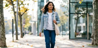 what to wear in 60 degree weather - layered denim jacket outfit with jeans and white sneakers