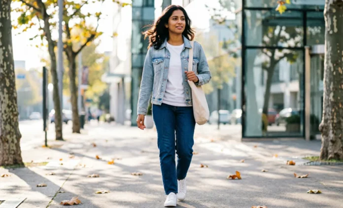 What to Wear in 60 Degree Weather Outfit Idea what to wear in 60 degree weather - layered denim jacket outfit with jeans and white sneakers