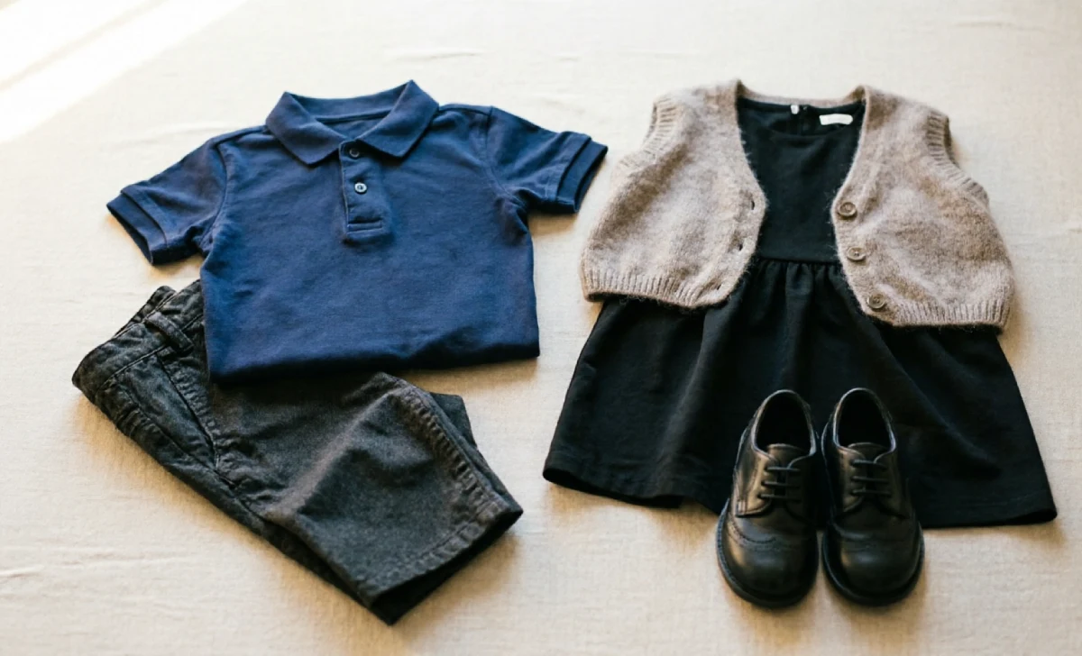What to wear to a funeral — children's dark polo, trousers, and simple dress outfits