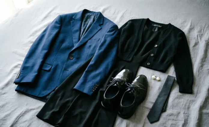 What to Wear to a Funeral – Respectful Outfit Guide What to wear to a funeral — dark suit, black dress, and polished shoes flat-lay