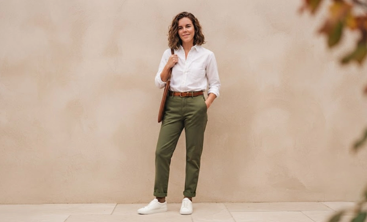 White shirt with green pants outfit paired with olive chinos and white sneakers