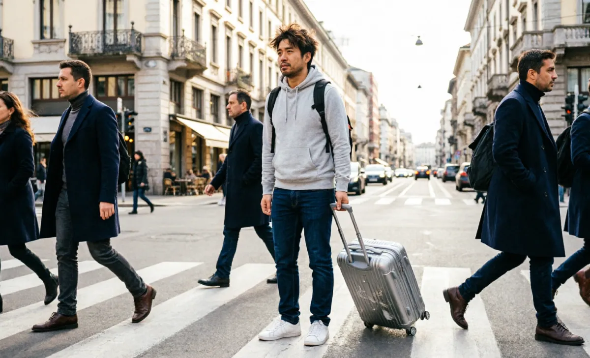 Why cities dress differently — traveler noticing style contrast on a Milan street