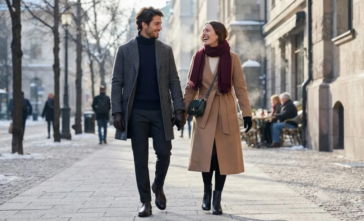 First Date Outfit Ideas for winter with a wool coat, sweater, and ankle boots for a warm stylish look.