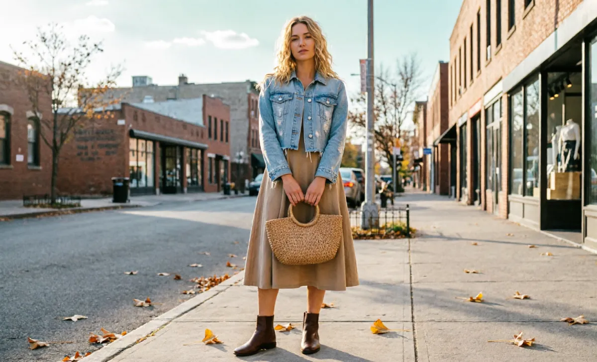 Women's outfit formula for 60 degree weather with midi dress and denim jacket