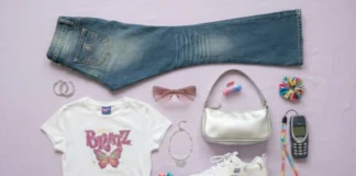 Y2k fashion trends collage showing low-rise jeans, baby tees, and velour tracksuits styled for a modern everyday look.
