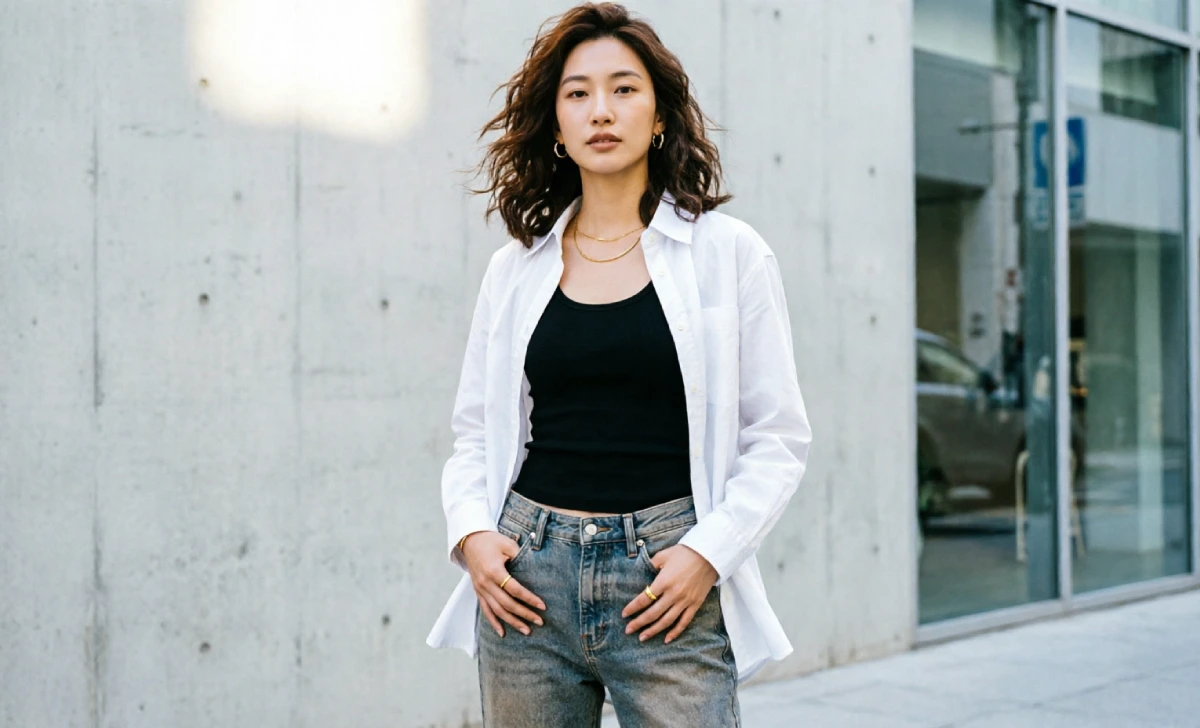 Woman styling y2k fashion trends low-rise jeans with a structured button-down shirt for a modern outfit.
