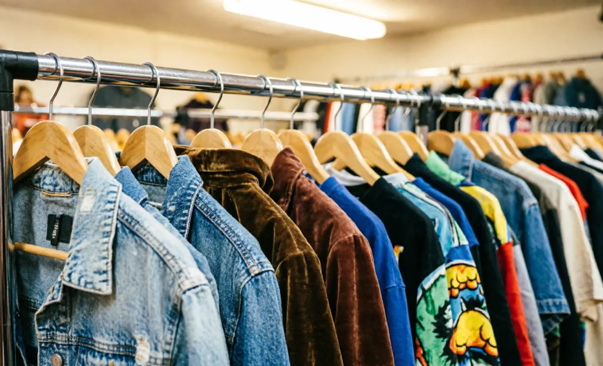 Thrift store rack with vintage denim and velour jackets for sustainable y2k fashion trends shopping.