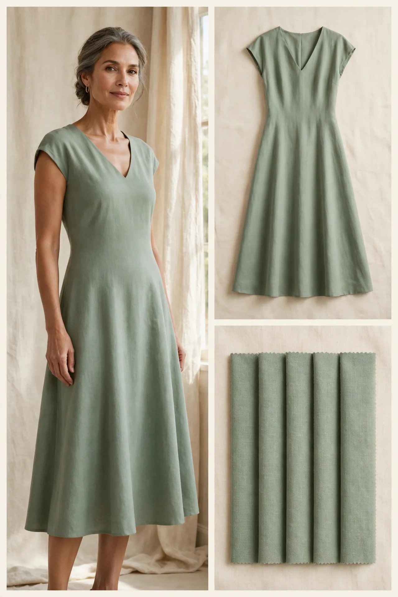 Sage green A-line midi dress for pear-shaped women over 50 — V-neck, cap sleeves, flat lay and sateen fabric swatches