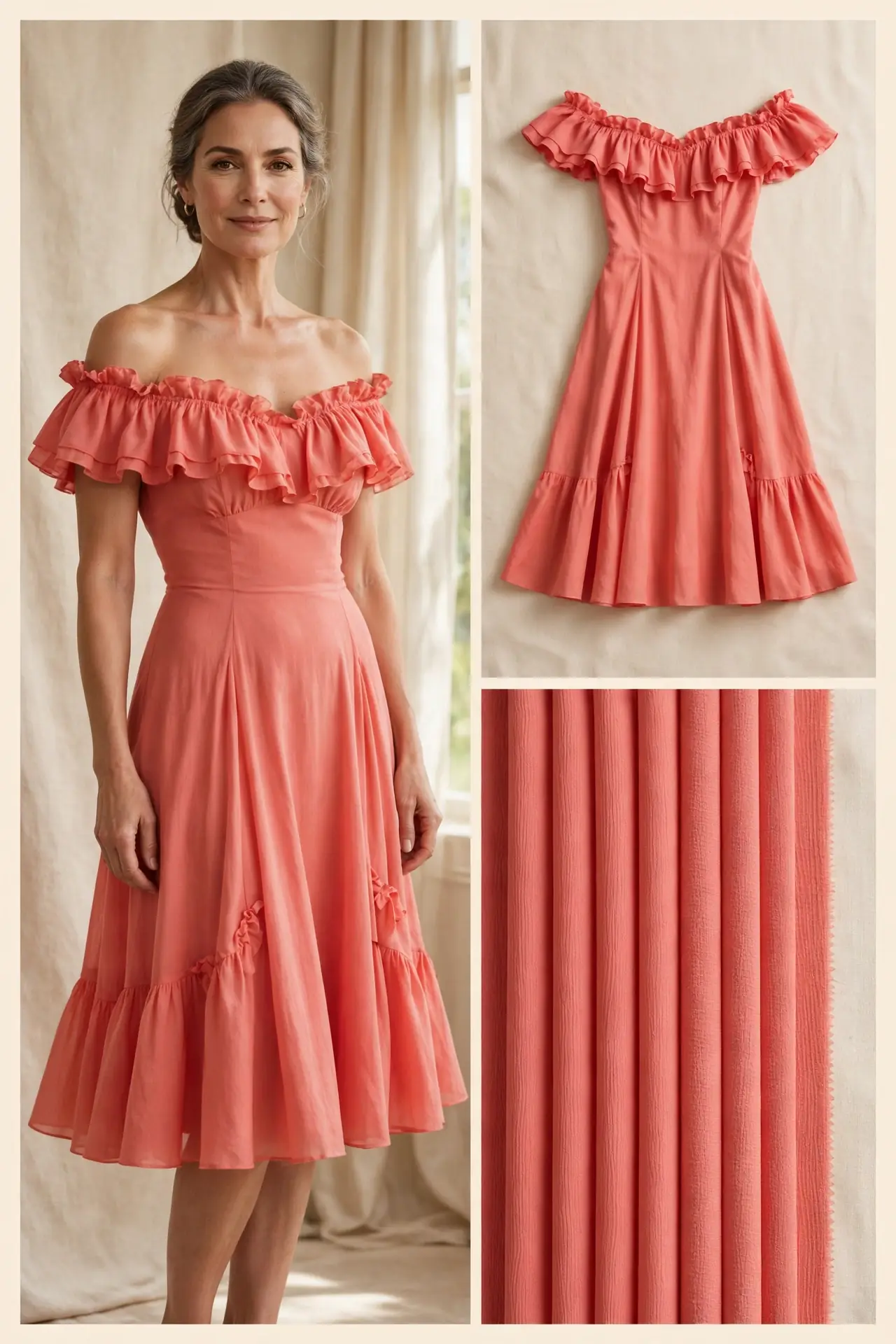 Coral off-the-shoulder Bardot dress for pear-shaped women over 50 — ruffle neckline, flat lay and crepe fabric swatches