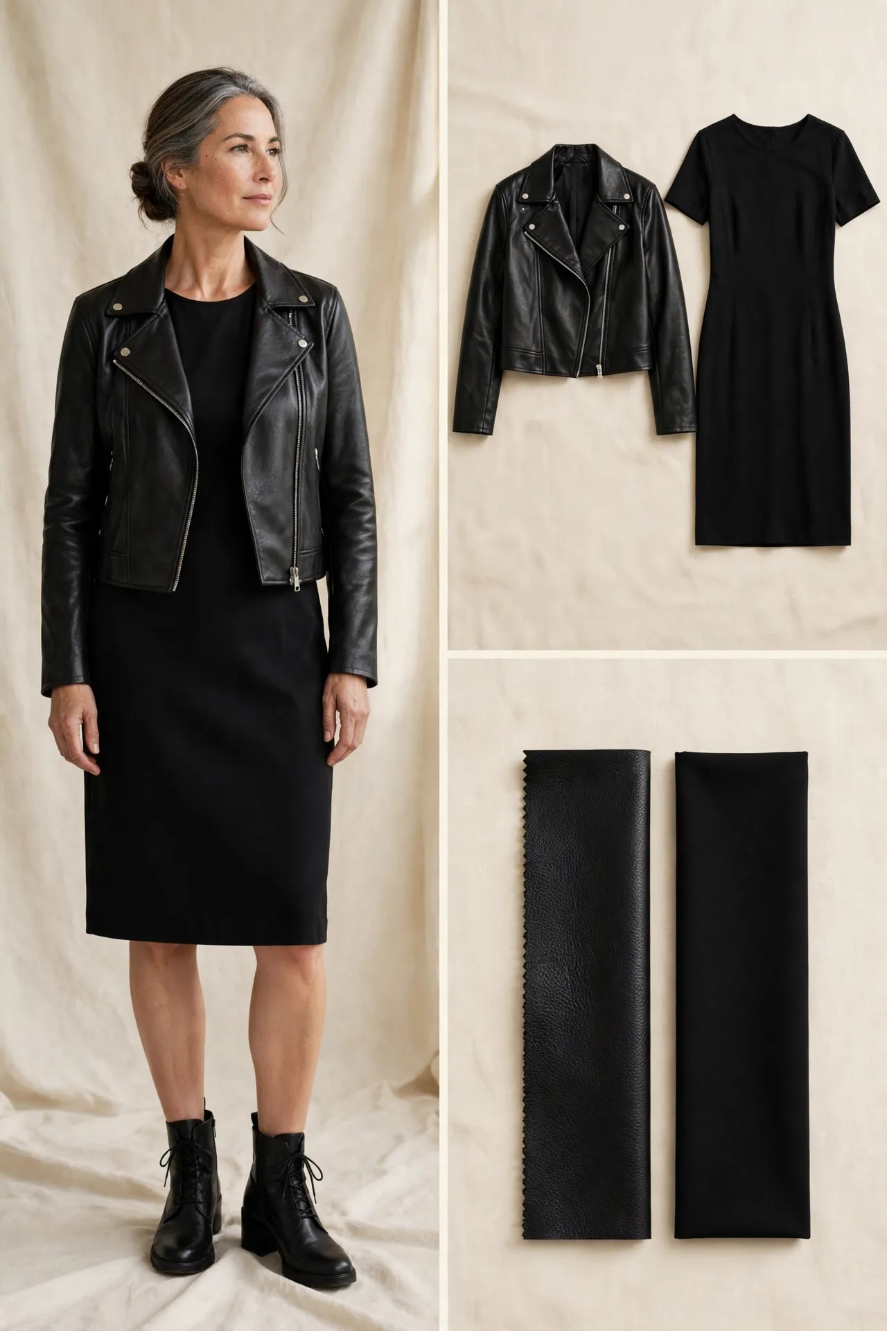Woman over 50 wearing a black faux-leather biker jacket over a black knee-length dress with ankle boots, shown with a flat-lay of the jacket and dress and fabric swatches