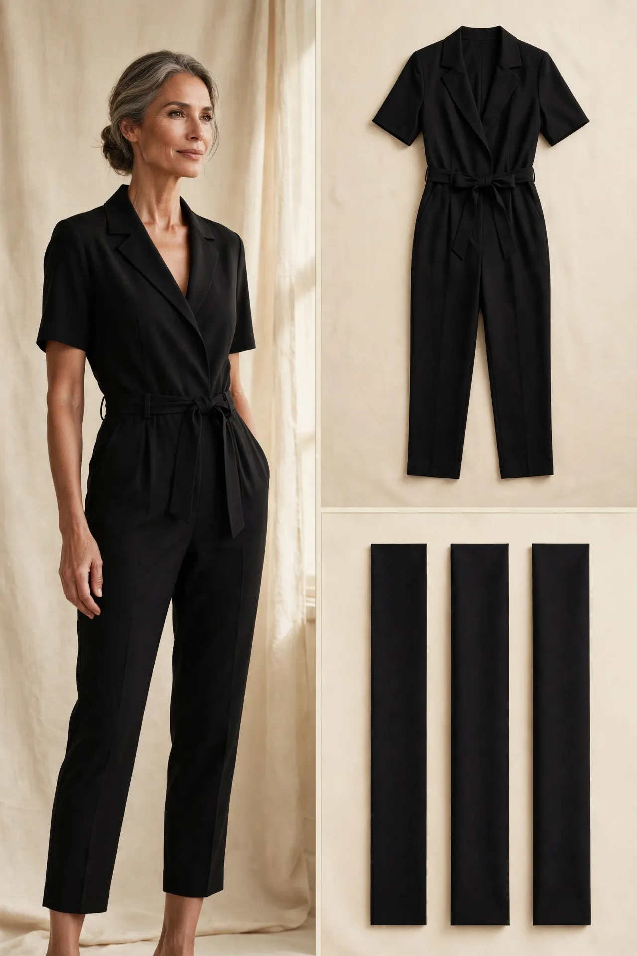 Woman over 50 in a black belted cropped-leg jumpsuit, shown with a flat-lay of the jumpsuit and fabric swatches