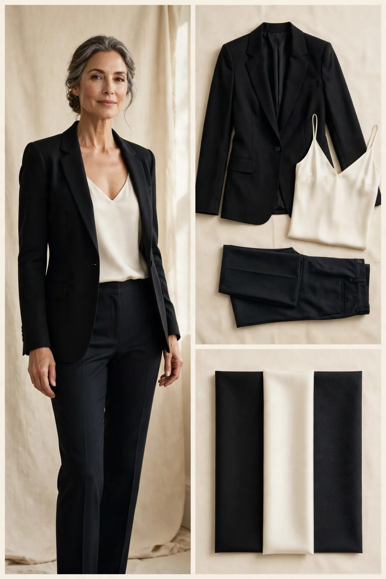 A woman over 50 wearing a black blazer with defined shoulders over an ivory fluid camisole and dark straight trousers.