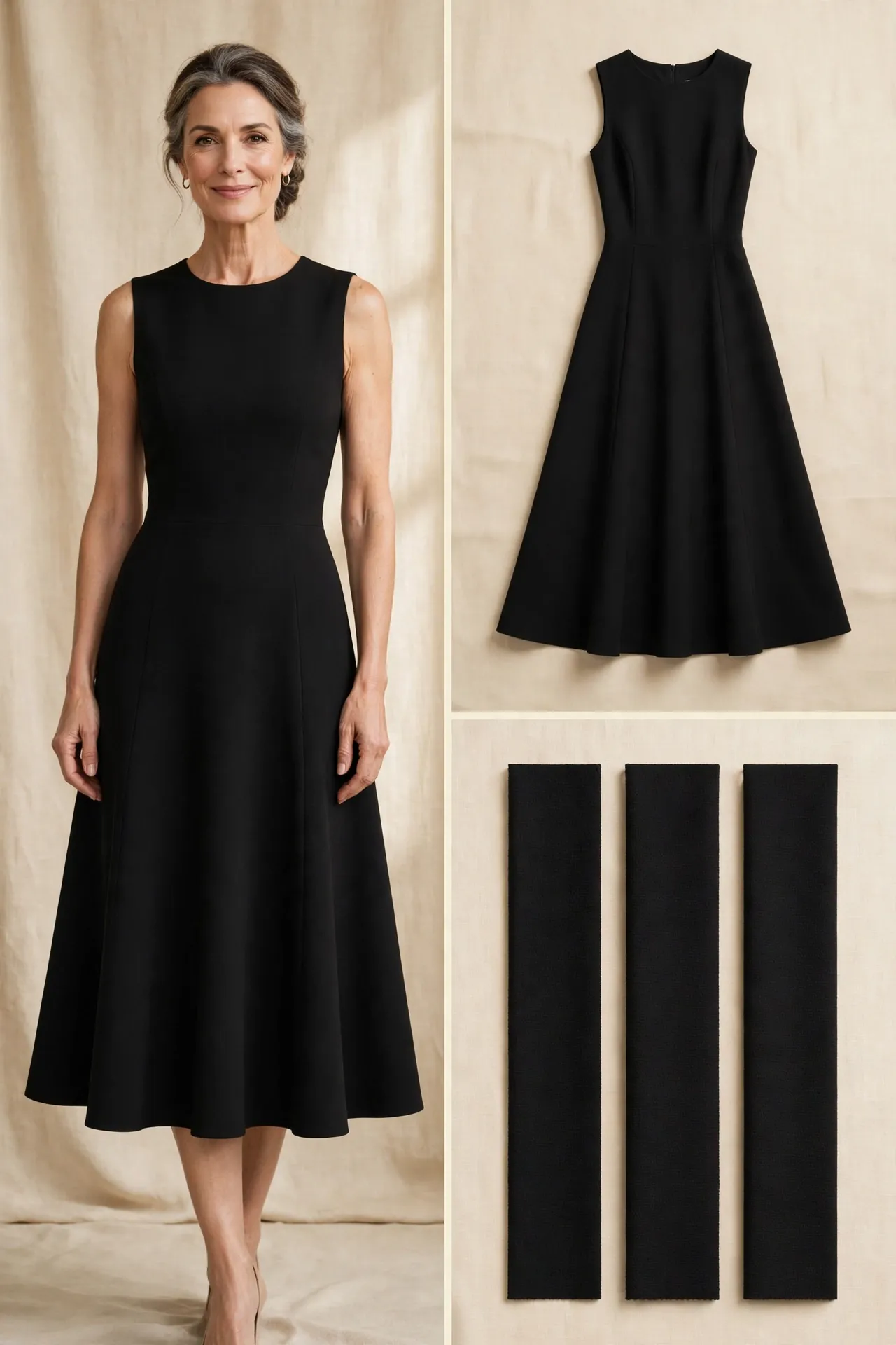 Elegant woman over 50 in a black crepe trumpet midi dress with a fitted bodice, modest neckline and skirt flaring from the knee, sleeveless, shown as worn photo, flat-lay and fabric swatches