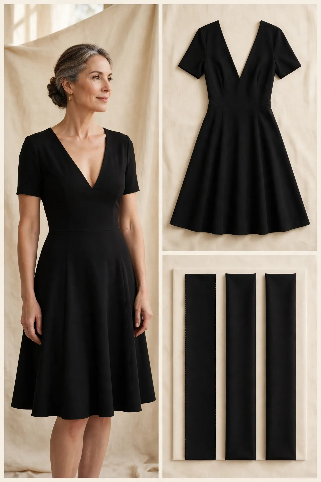 Woman over 50 wearing a black deep V-neck fit-and-flare dress with a flared skirt