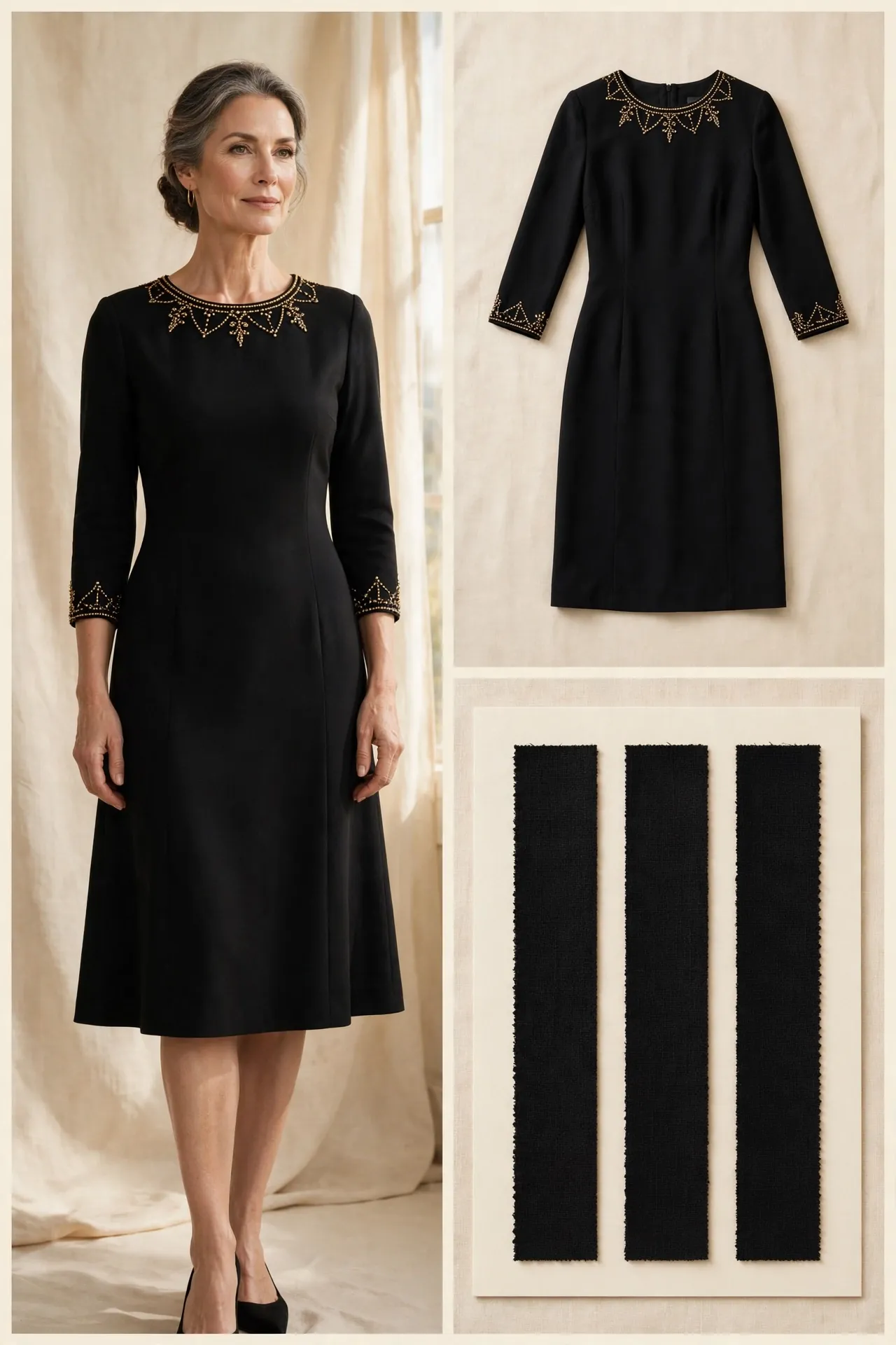 Fashion collage of a woman over 50 wearing a black fitted dress with fine gold beading at the neckline, with matching flat-lay and fabric swatches