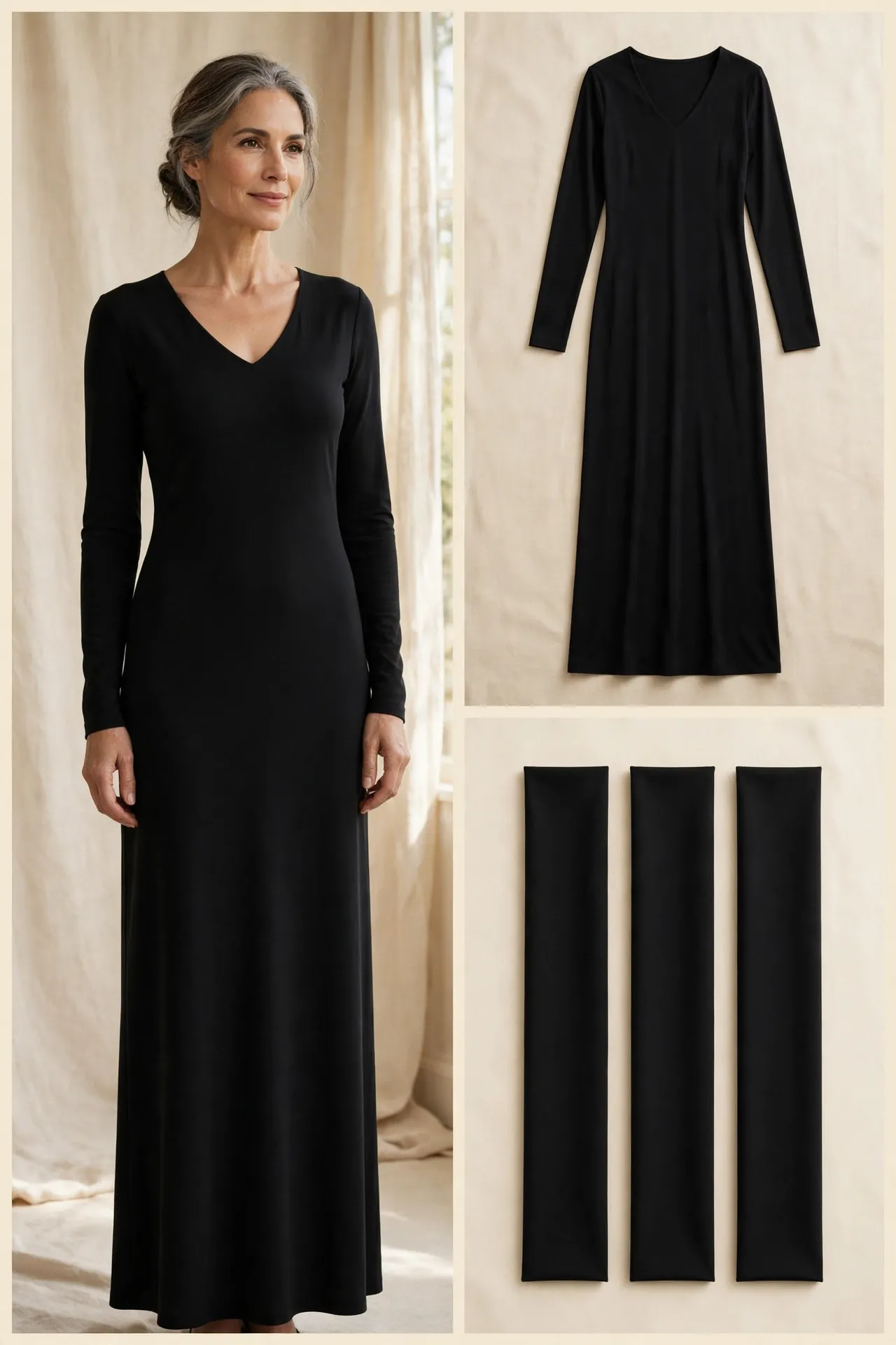 A woman over 50 wearing a black long column dress in matte jersey with a V-neck and long sleeves.