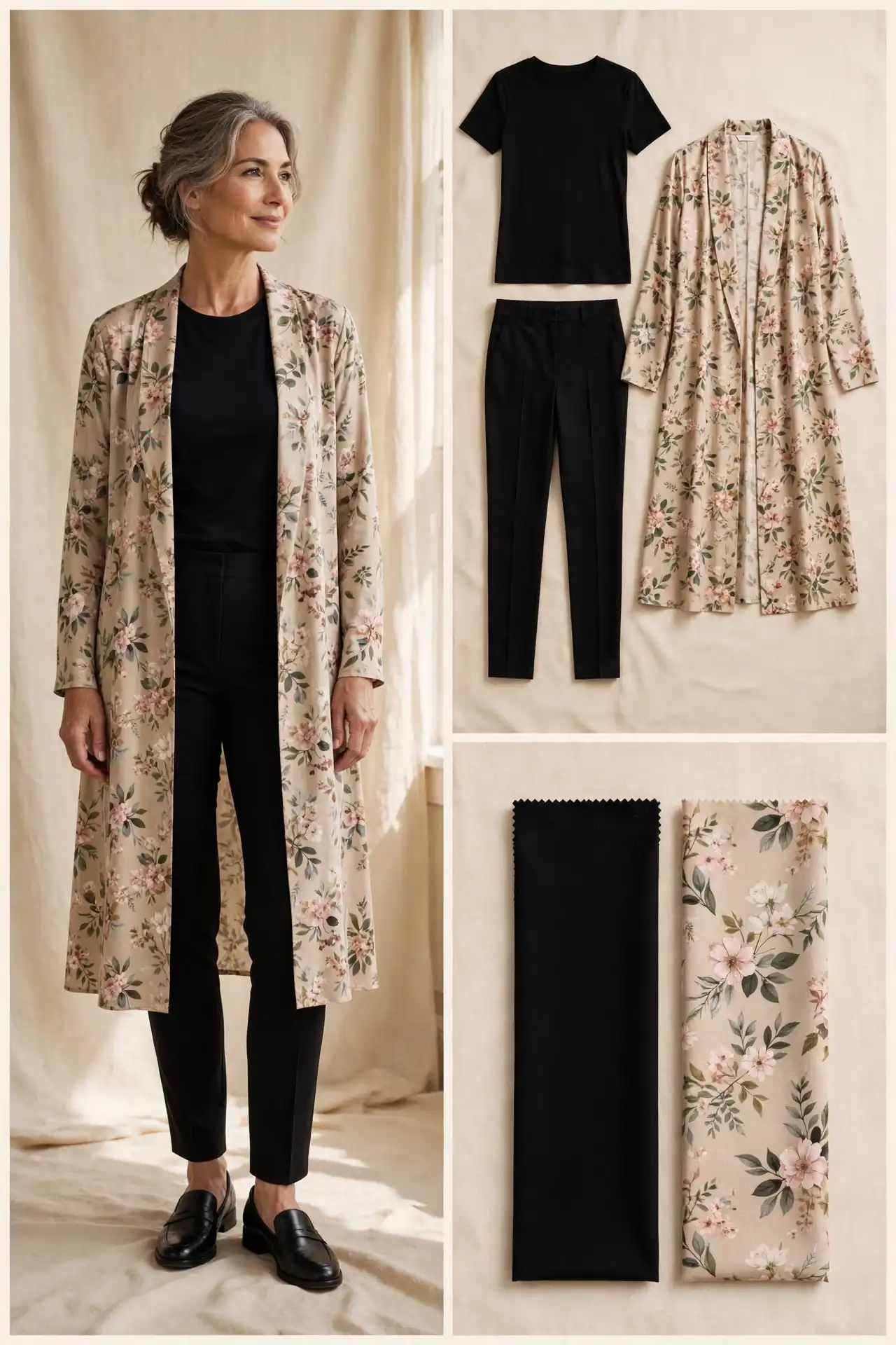 A woman over 50 wearing a black monochrome outfit with a knee-length open floral duster coat.