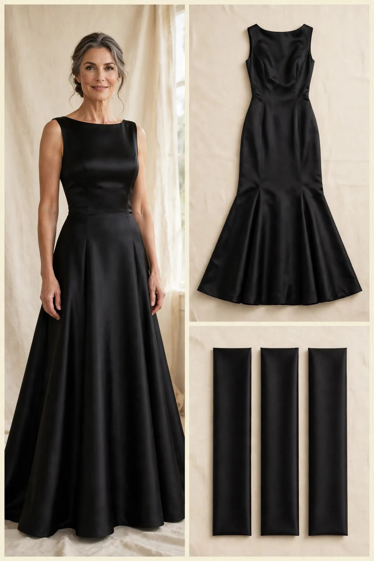 A sophisticated woman over 50 in a black satin trumpet gown with a fitted bodice and hips flaring from the knee.