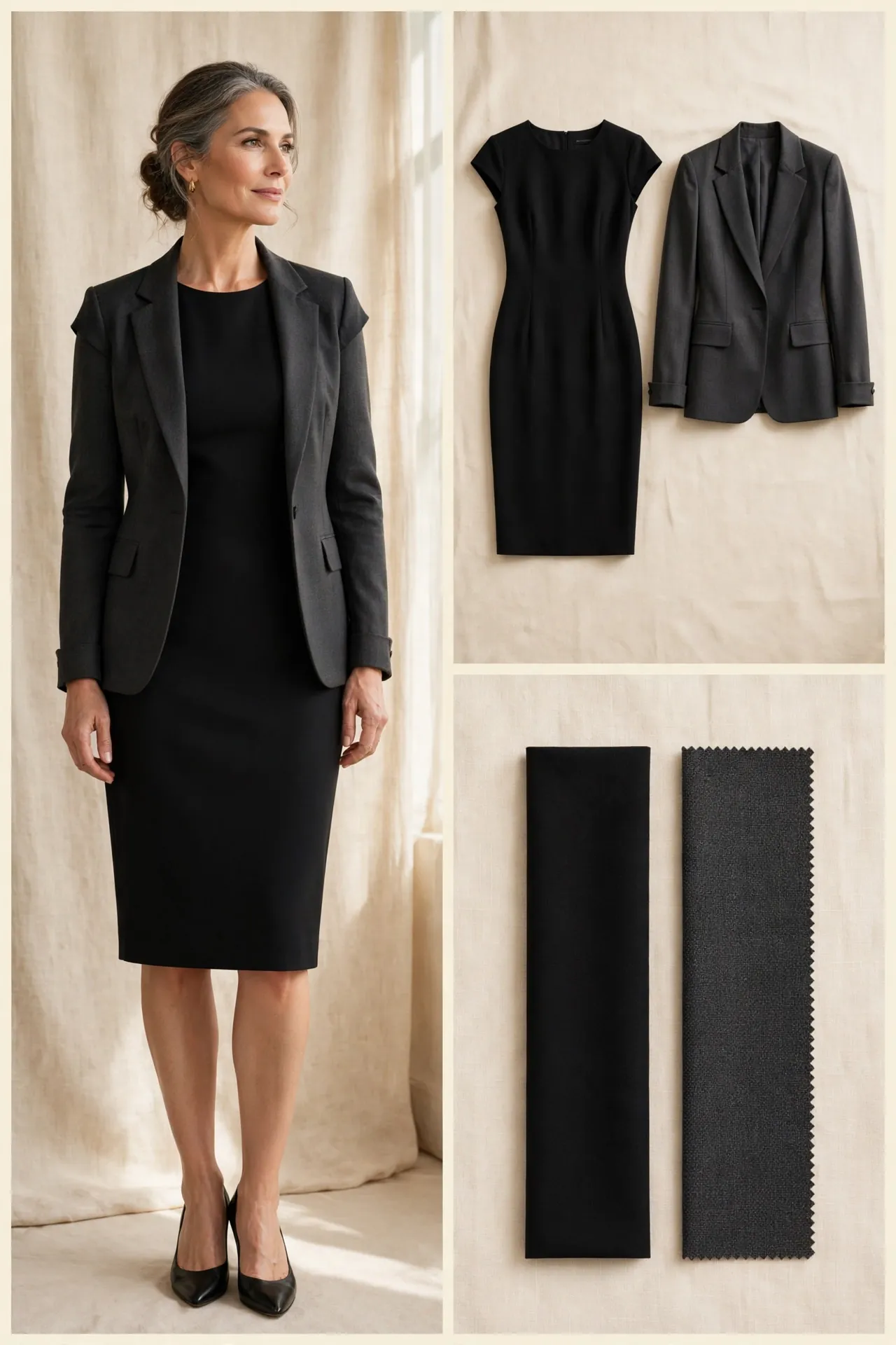 Woman over 50 in a black knee-length sheath dress layered with an open fitted charcoal structured blazer, with matching flat-lay and swatches