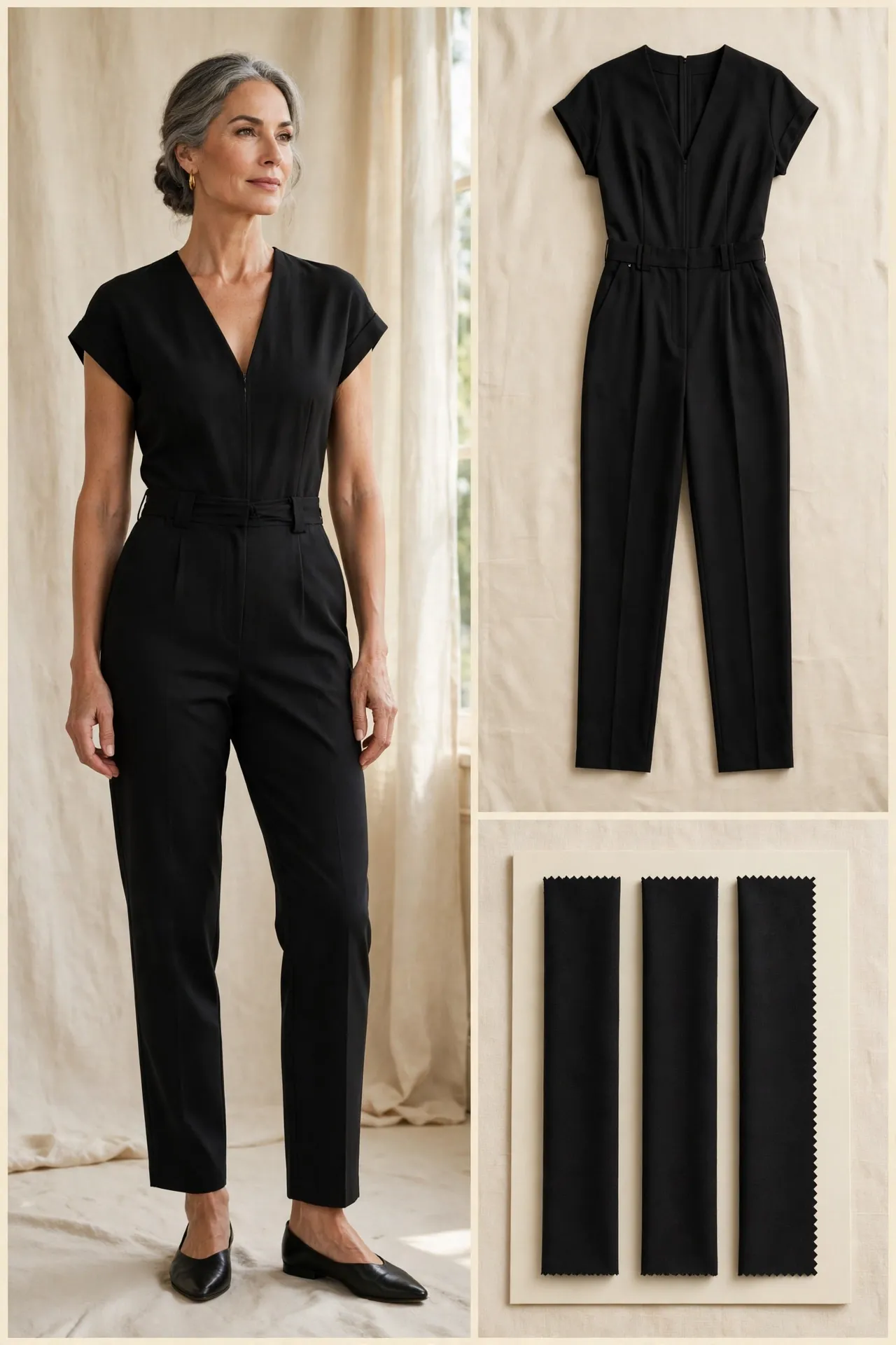 Woman over 50 in a black tailored jumpsuit with a V-neckline, defined waist, and straight ankle-length legs, beside a flat-lay and fabric swatches