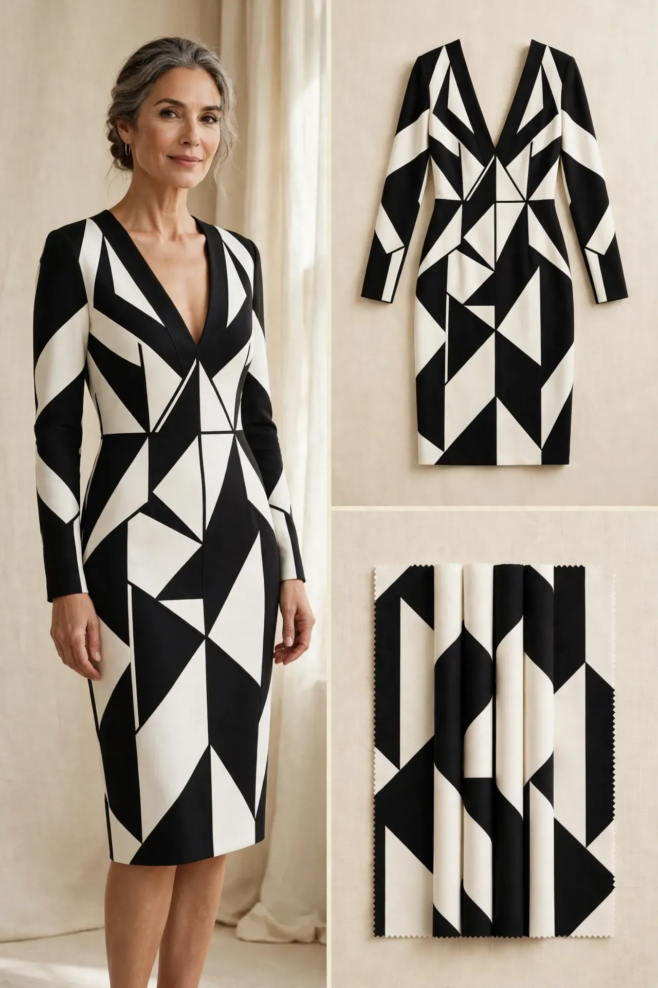 A woman over 50 wearing a black-and-white bold geometric print dress with a deep V-neck and long sleeves.