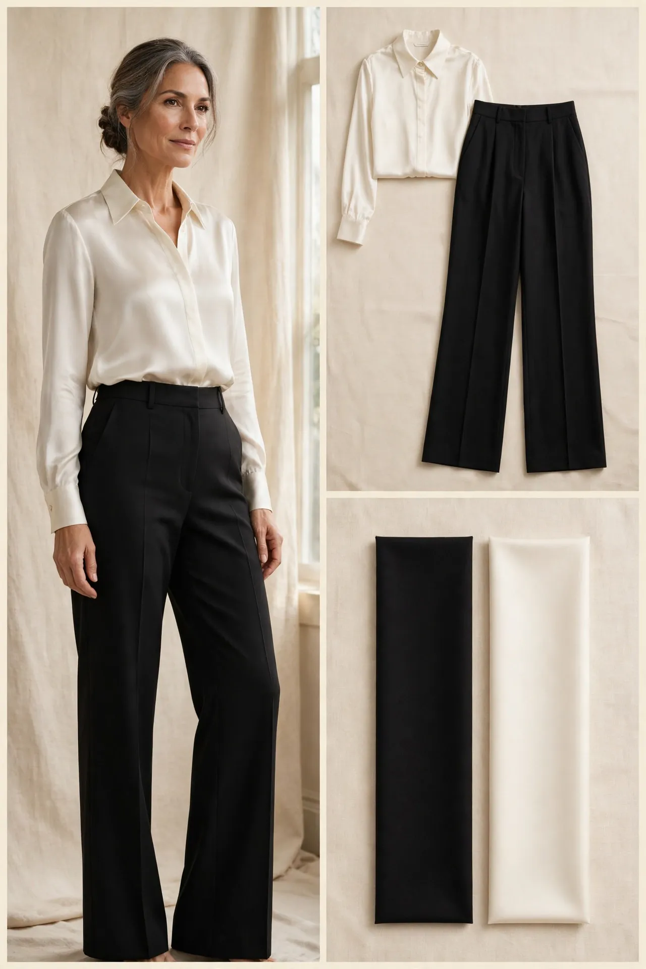 Woman over 50 in black high-waisted tailored wide-leg trousers with a tucked-in ivory silk blouse, with matching flat-lay and fabric swatches