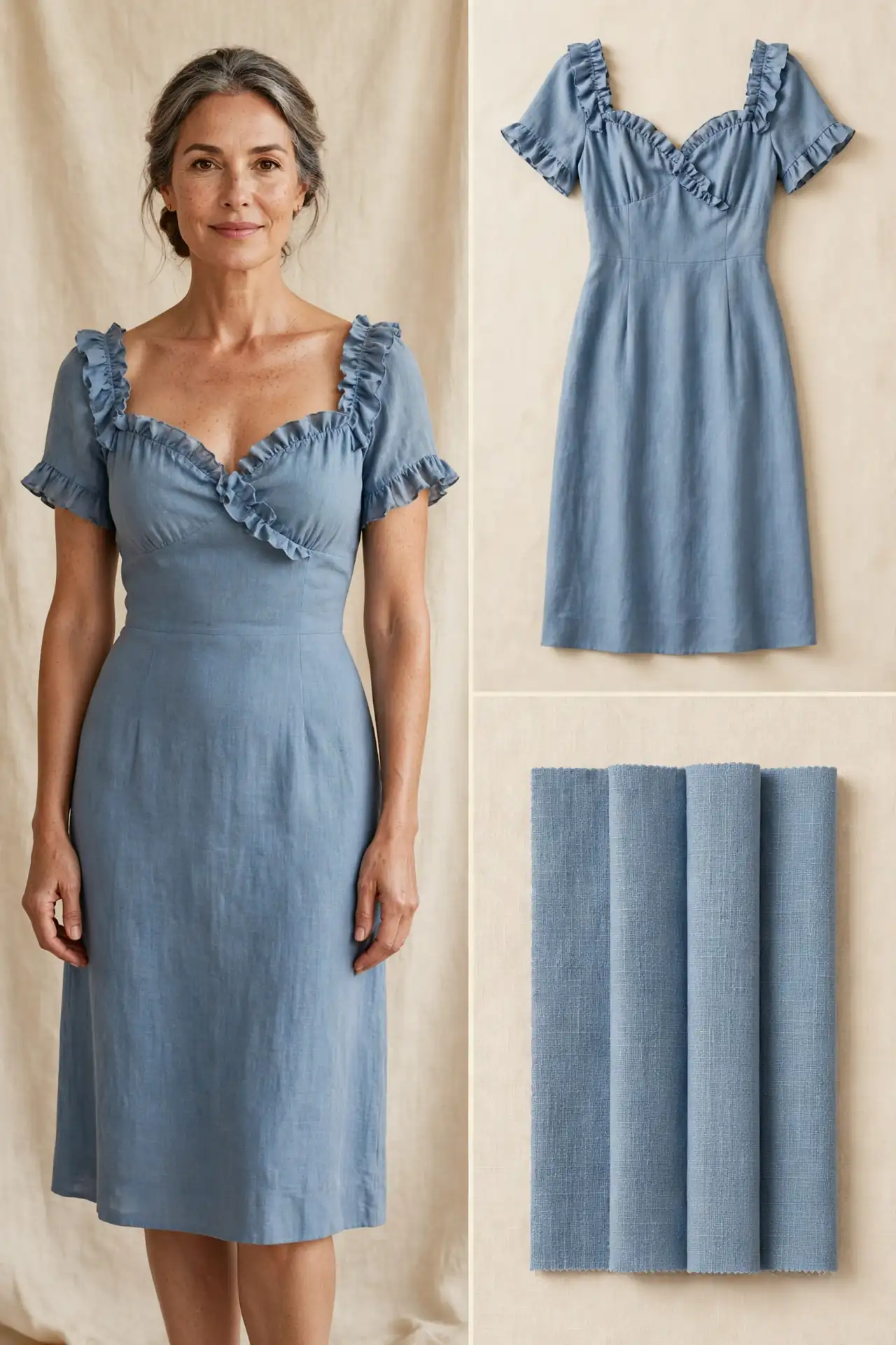 Woman over 50 wearing a soft blue dress with bust ruffles and a sweetheart neckline