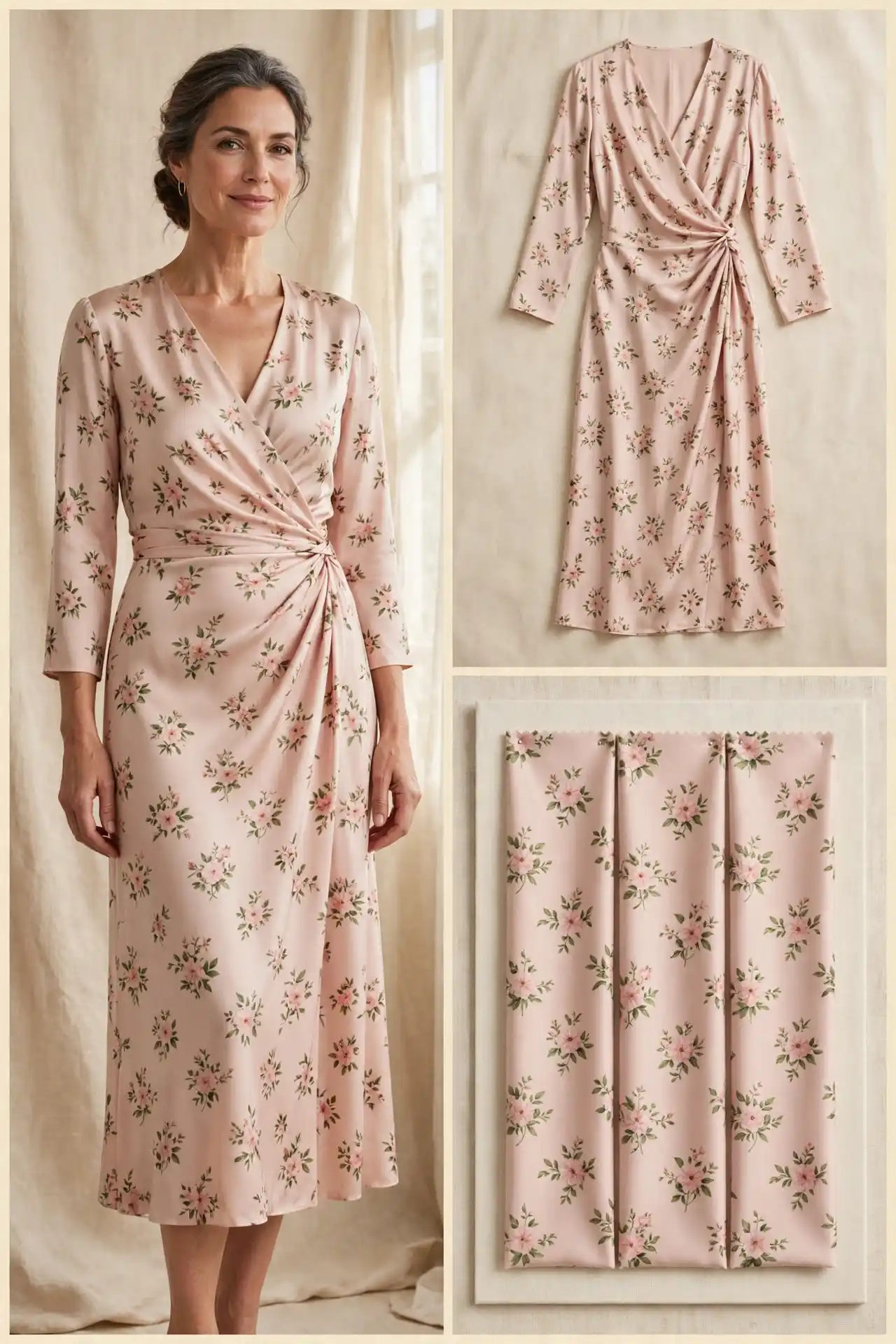 Woman over 50 wearing a blush floral silk-crepe wrap midi dress with a modest overlap and 3/4 sleeves