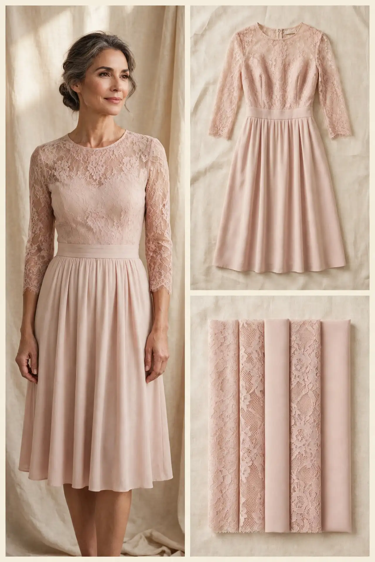 Elegant woman over 50 in a blush lace overlay dress with a fitted defined waist and a soft skirt, shown worn, as a flat-lay, and as fabric swatches.